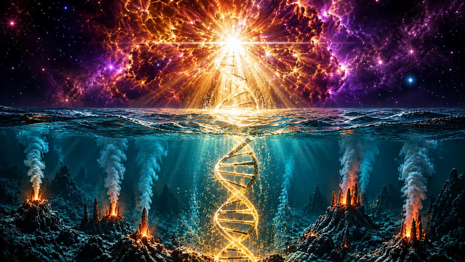 A brilliant star illuminates a primordial ocean, hydrothermal vents, and a rising DNA helix