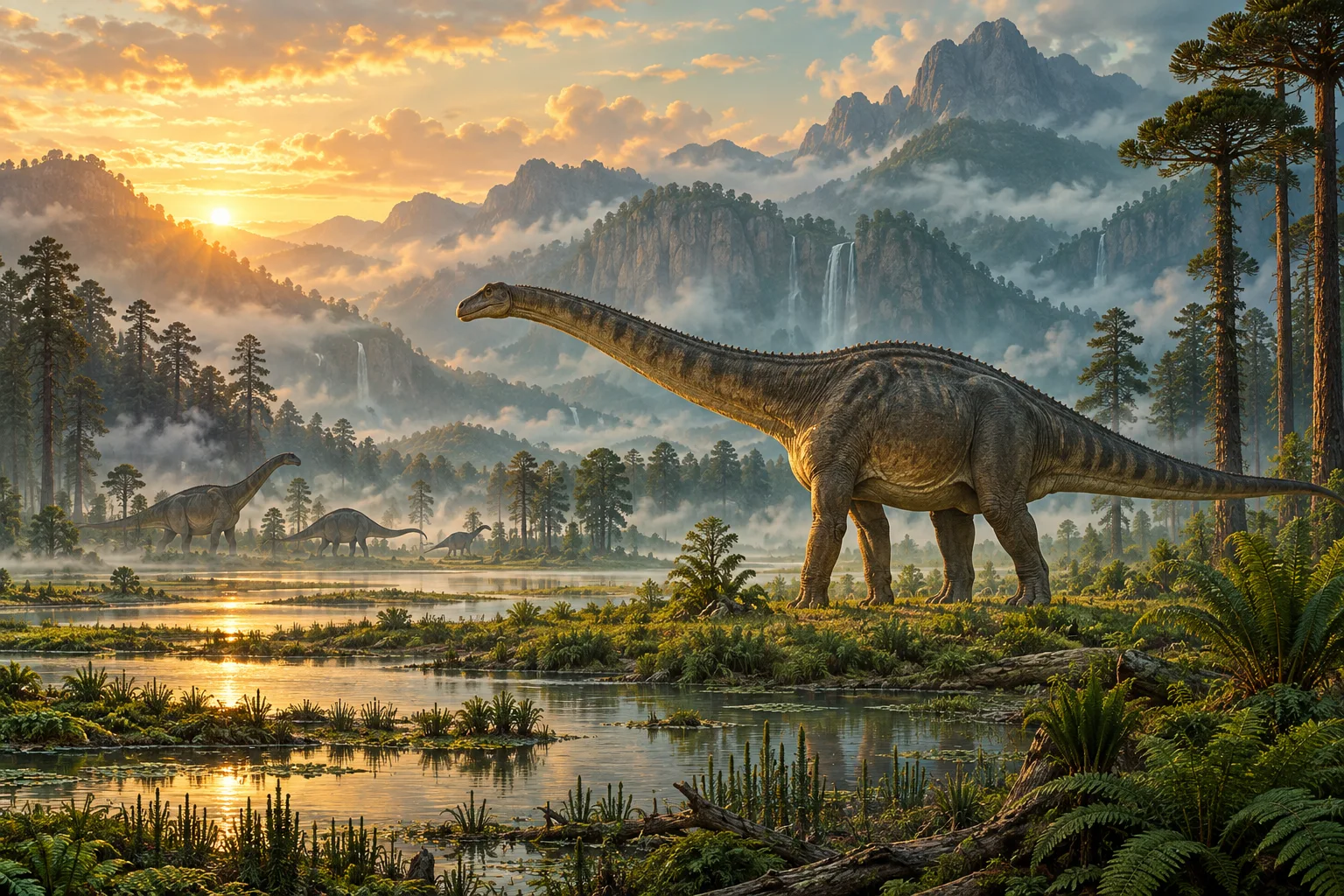 An imagined Jurassic landscape with long-necked sauropods among conifers and ferns.
