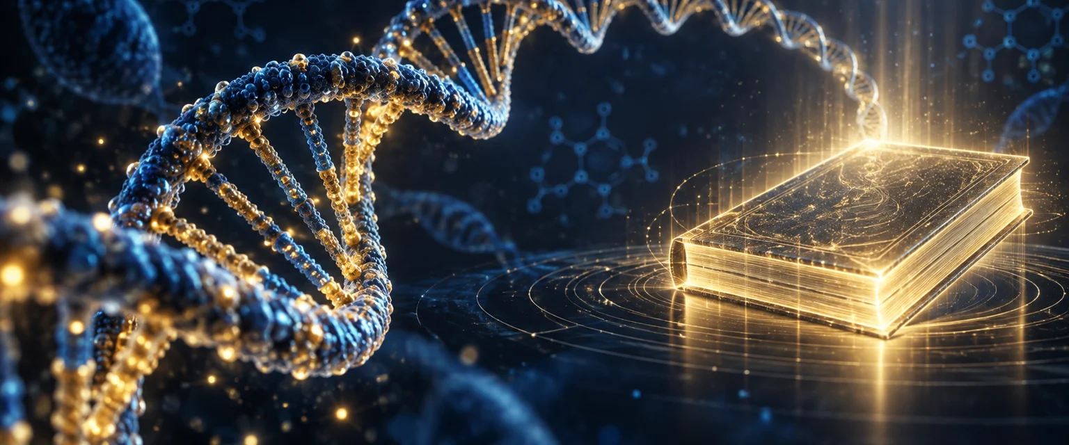 Blue and gold DNA double helix beside a luminous closed book