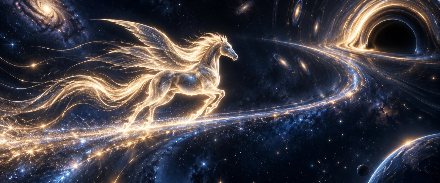 A luminous winged form following a path of light through curved spacetime