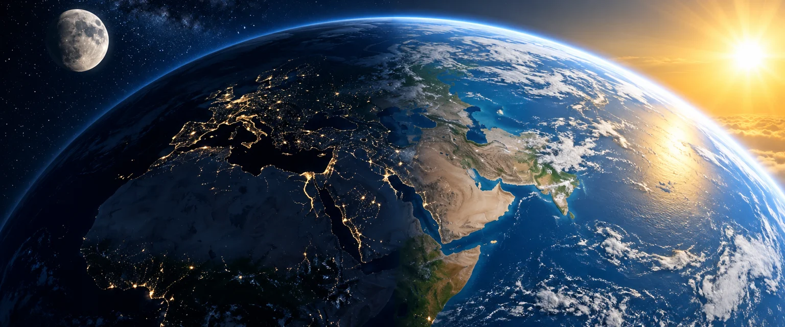 Earth viewed from space divided between the illuminated day side and the city-lit night side
