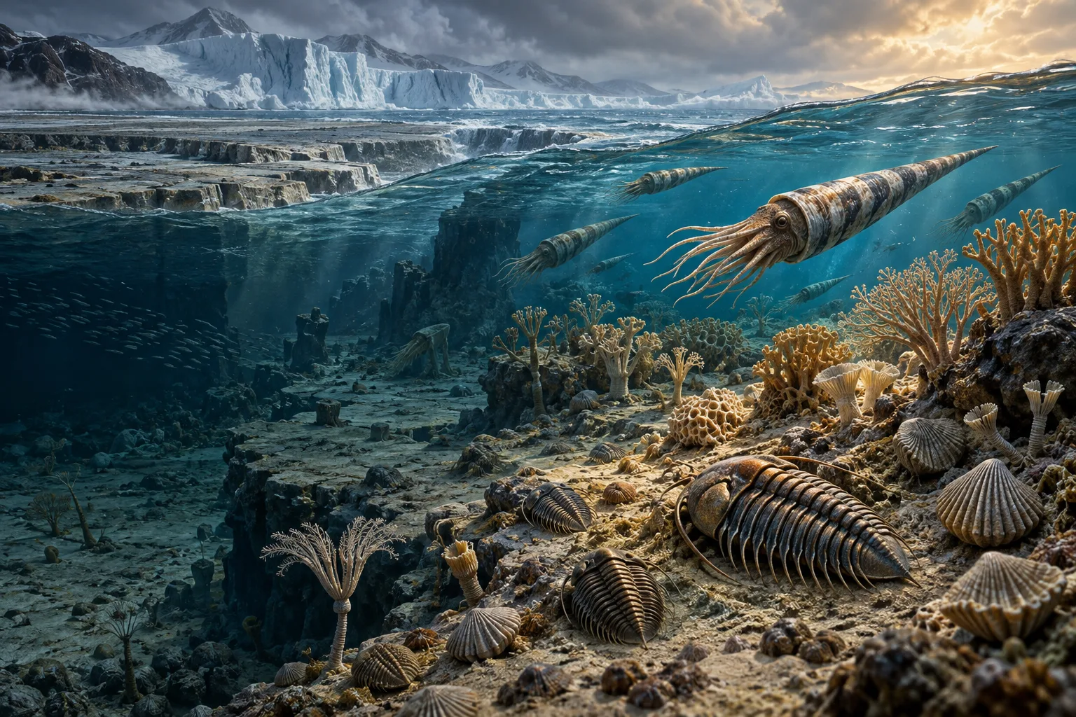 Conceptual Late Ordovician seascape with trilobites, brachiopods and cephalopods beneath advancing ice sheets