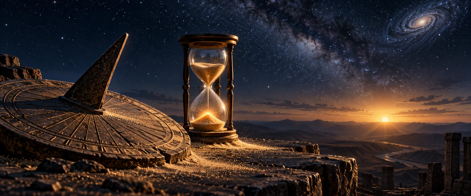 An hourglass, sundial, and fading daylight beneath the Milky Way