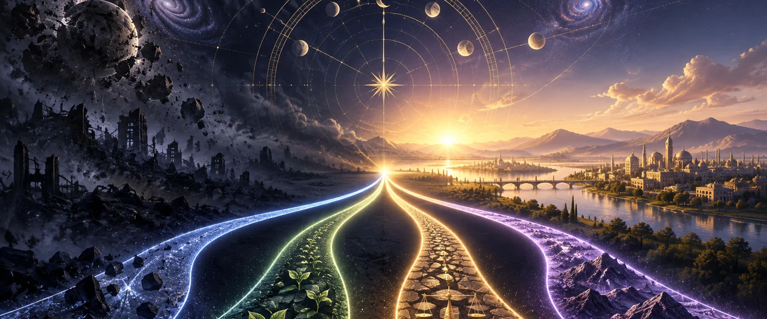 Paths of destruction, growth, truth, and patience converging toward light