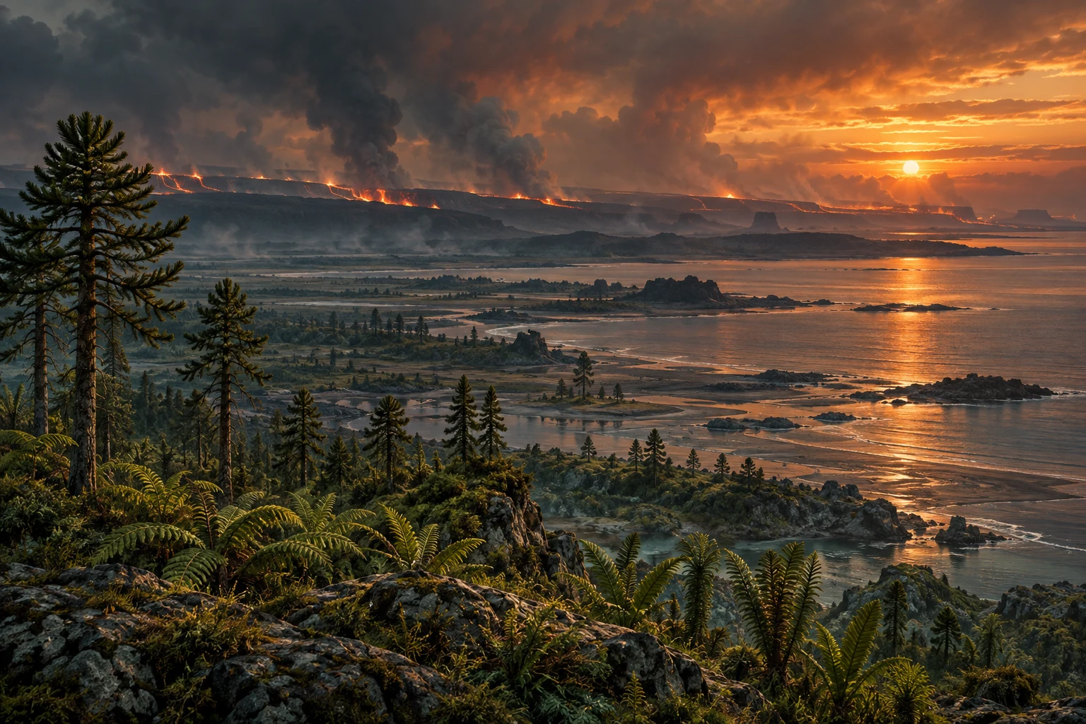 Conceptual Late Triassic coast with conifers, ferns, distant fissure eruptions, and volcanic haze over the sea.