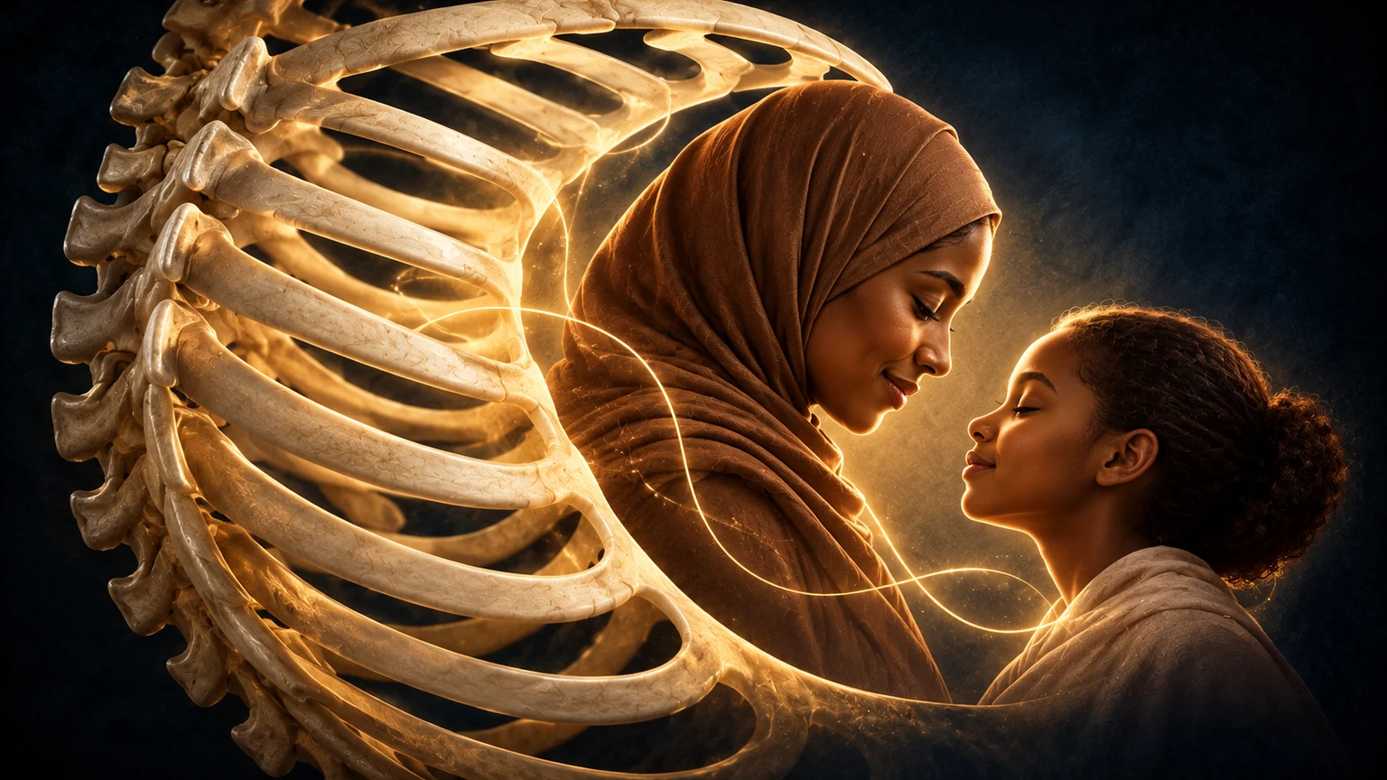Conceptual ribcage forming a protective arc around a mother and daughter