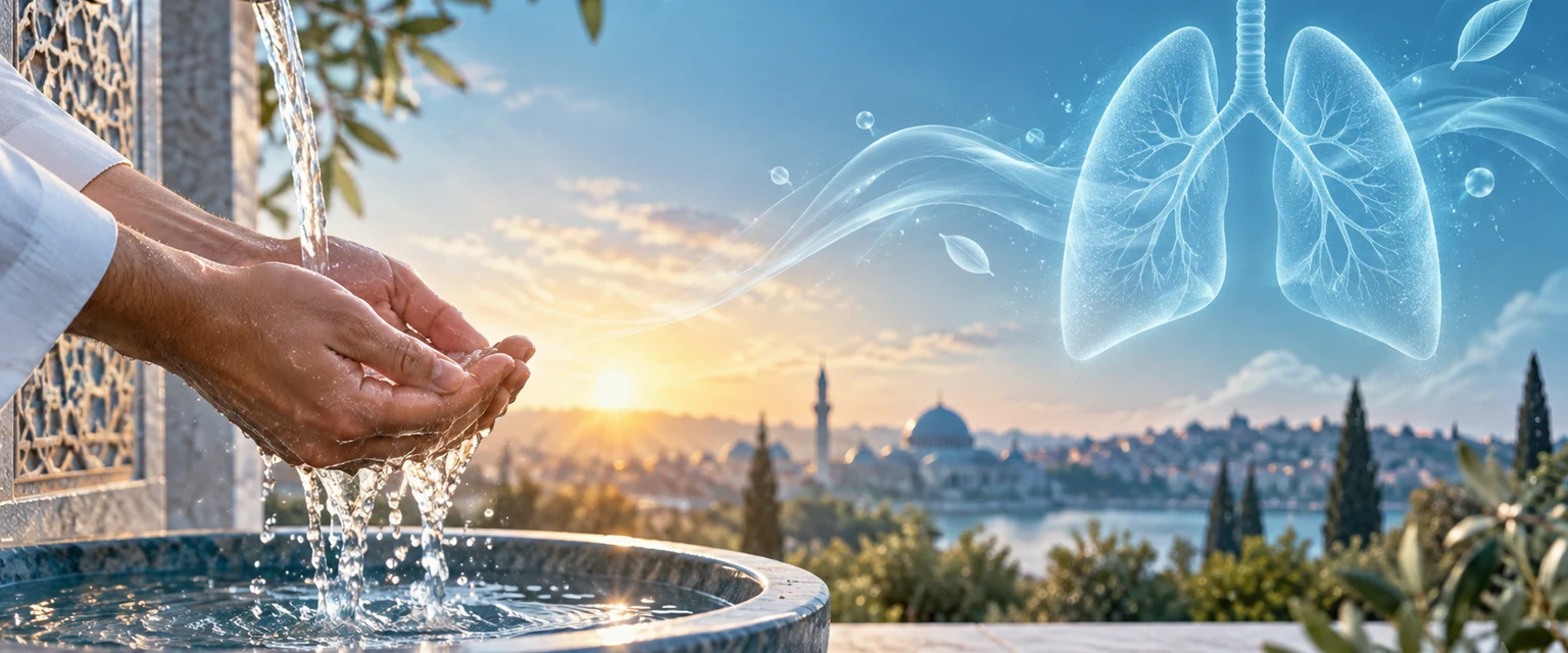 Wudu handwashing beside a luminous respiratory illustration