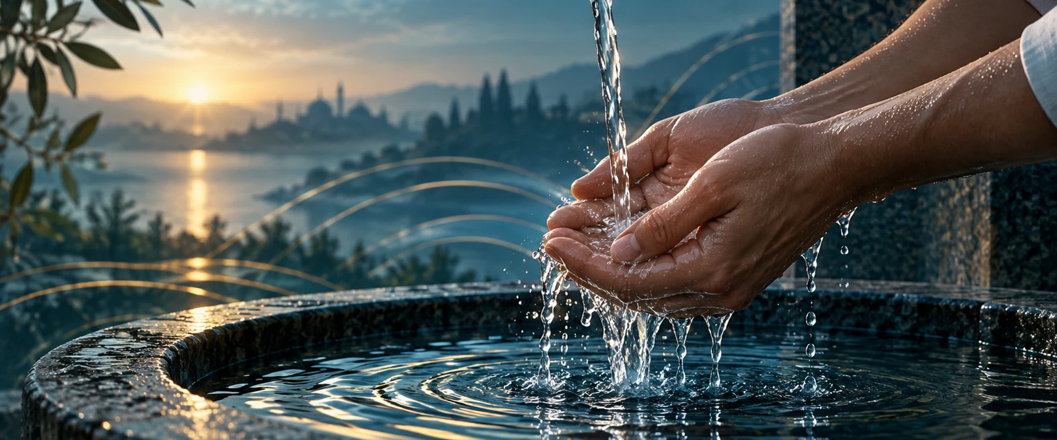Hands washed in flowing water at sunset