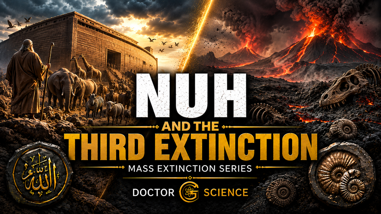 Nuh, an ark and animals beside a volcanic extinction landscape